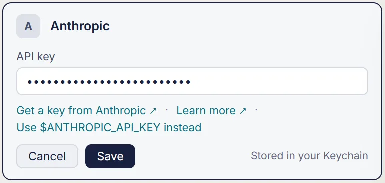 A drawing of the app, not a screenshot. Anthropic's row in Settings › Models on a Mac, opened by Set Up…: the API key field holding a key, the link to get a key, Cancel and Save.