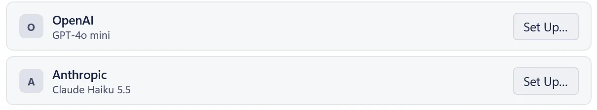 Two rows in Settings › Models on Windows: OpenAI, GPT-4o mini, and Anthropic, Claude Haiku 5.5, each with Set Up….
